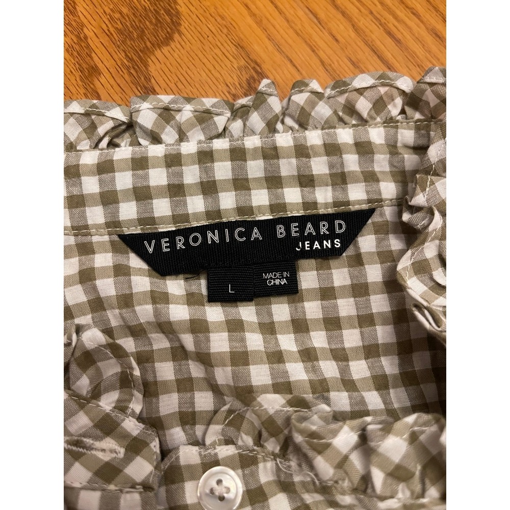 Veronica Beard Jeans Gingham Ruffle Mock Neck Flutter Sleeve Button Up Shirt  L - Picture 3 of 4